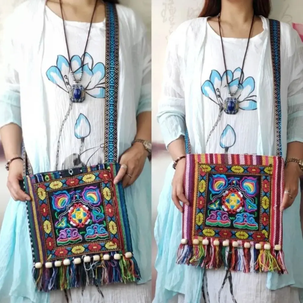 

Tribal Ethnic Style Crossbody Bag Indian Boho Tassel Canvas Messenger Bags Flower Embroidery Women Shoulder Bags Storage Bag