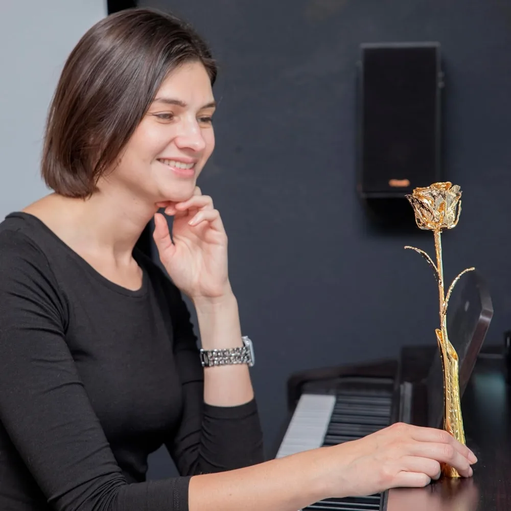 وردة أصلية طويلة محفوظة من الذهب عيار 24 قيراط مغموسة، زهرة طبيعية مسقطة كهدية أبدية للزوجة أو الأم أو S #6