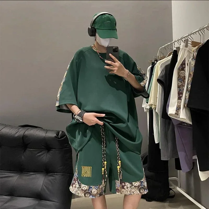 Male T Shirt Short Sets Aesthetic Summer Sports Suits Cotton Spliced Baggy Men\'s Shorts Set Clothes 2024 Trend Korean Two Piece