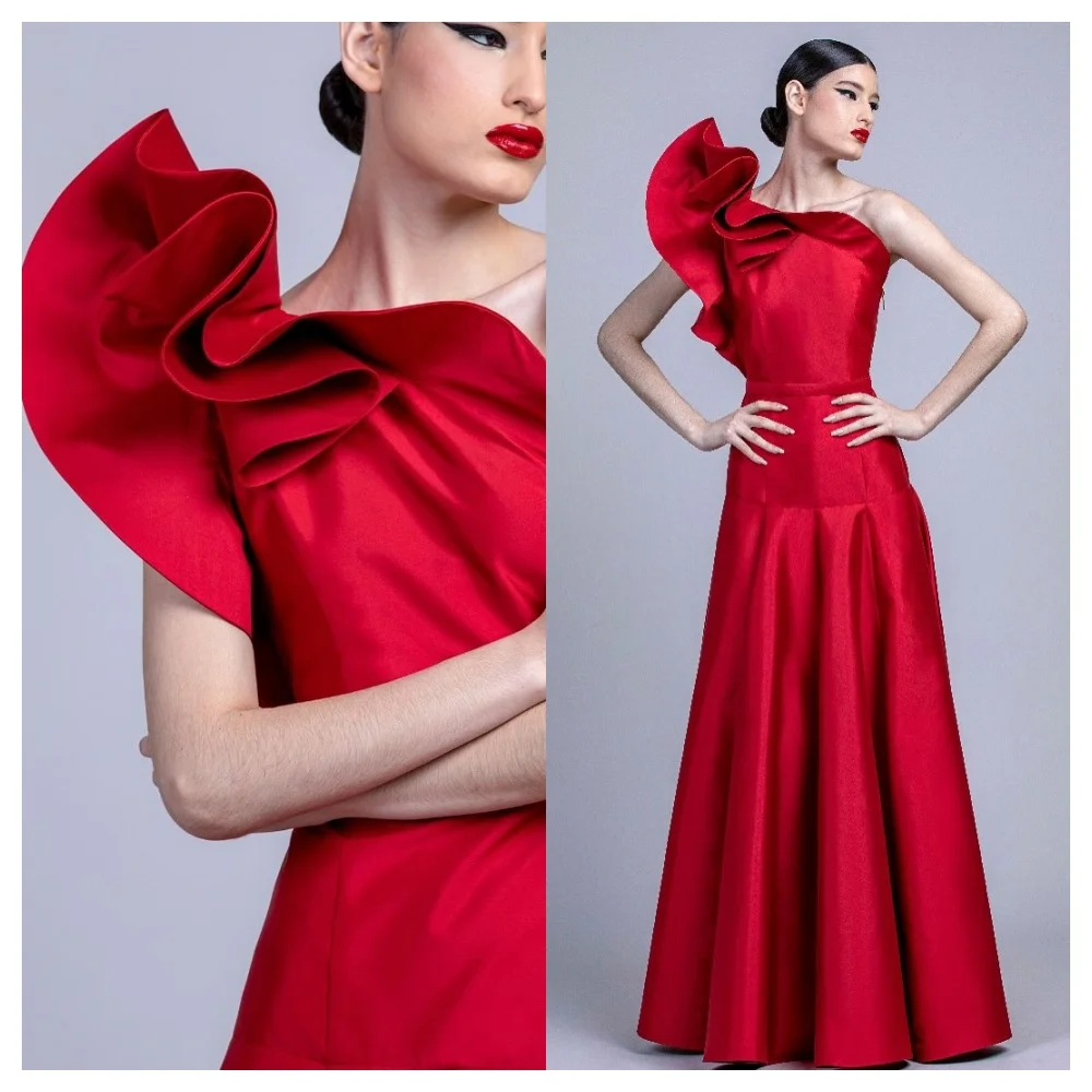 customizedCustomized Exquisite Red Satin Evening Dress Temperament One Shoulder Sleeveless Party Dress Fashion Floor Length Cele