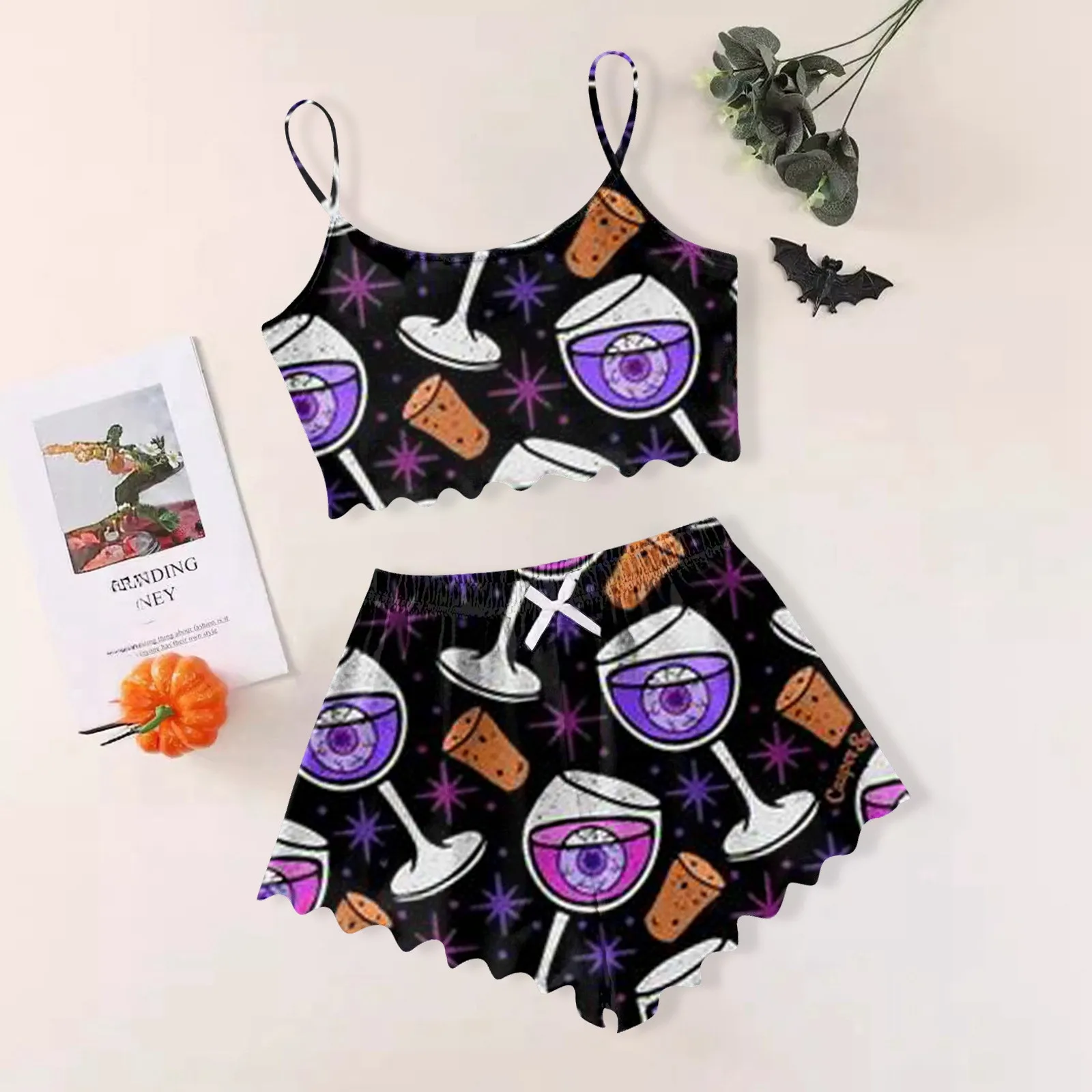 Halloween Cartoon Print Pajama Suit Sleeveless Loose Sling Crop Top Elastic Waist Wave Cut Bow Shorts Set Bride Pajamas Women