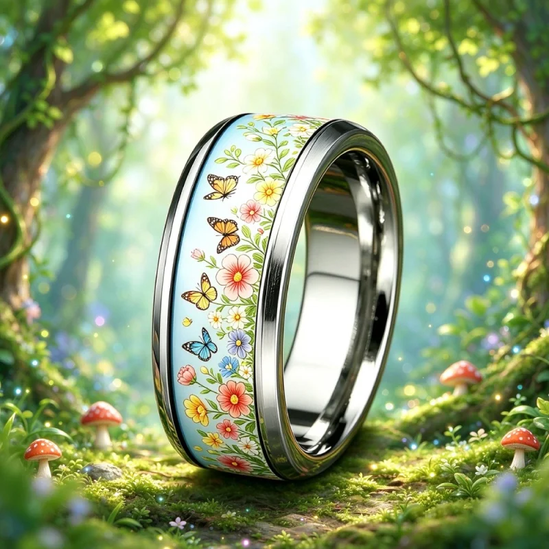 Huitan Colorful Wildflower Butterfly Print Sticker Stainless Steel Ring for Women Spring Holiday Party Gentle Accessories Gift