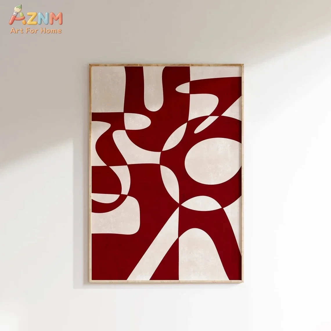 AZNM Red Beige Abstract Geometric Canvas Wall Art, Frameless Canvas Print Curved Shape Mid Century Modern Minimalist Painting fo