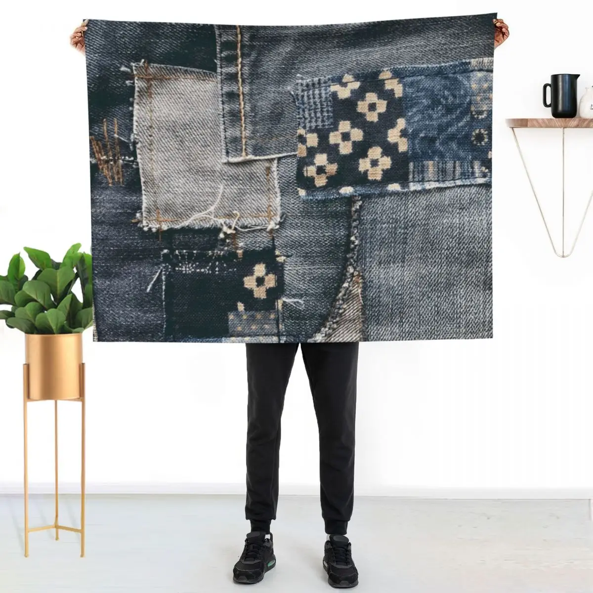 

denim patchwork Throw Blanket Soft Comfort Blanket for Reading Watching TV