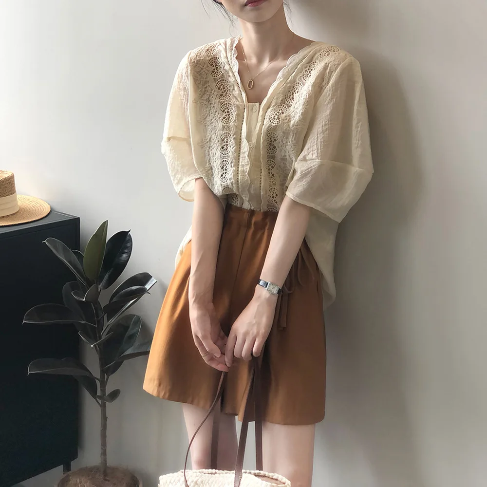 Women Clothing V-neck Puffy Sleeve Shirt Women 2024 Summer New Sweet Lace Embroidery Hollow-out Fashionable Sweet Doll Shirt