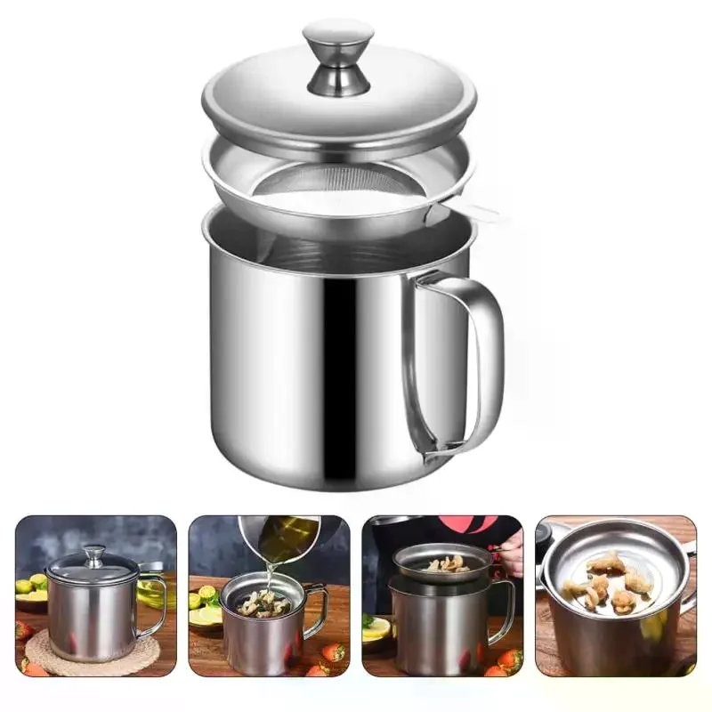 Oil Filter Pot Kitchen Oil Container Can With Fine Mesh Strainer For Home Kitchen Frying Oil Storage Reuse Stainless Steel