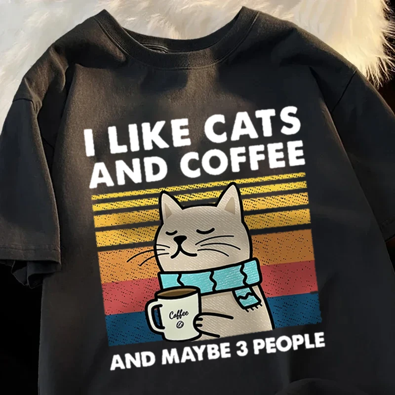 

New I Like Cats And Coffee Men Women T-Shirt Tee Clothes Hip Hop Loose T Shirt Fashion Crewneck T-Shirt Streetwear Couple