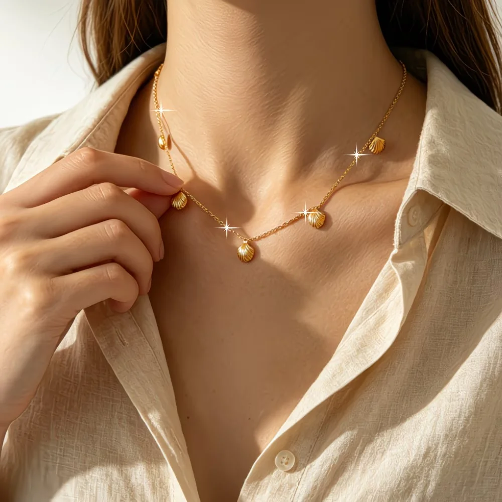 French Scallop Pendant Necklace Stainless Steel Summer Ocean-themed Clavicle Chain Unisex Jewelry Additions Gold/Silver Tone