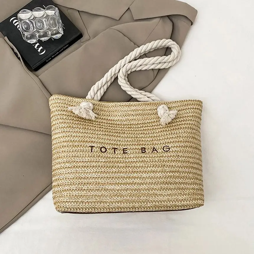 

Woven Straw Tote Bag For Women Summer New Knot Strap Beach Vacation Shoulder Bag Fashion Large Capacity Commute Female Handbags