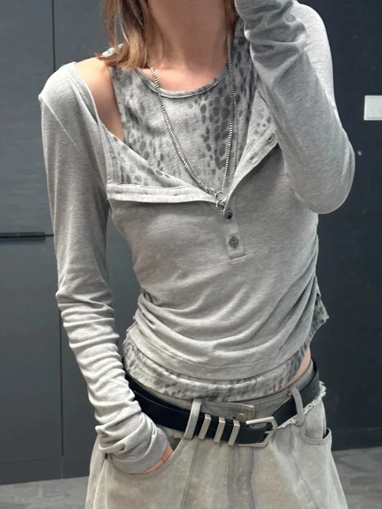 Harajuku Grau Leopard Gefälschte Zwei Stück T-shirt Frauen Herbst Off Schulter Slim Fit Basis Crop Top Vintage Grunge Streetwear