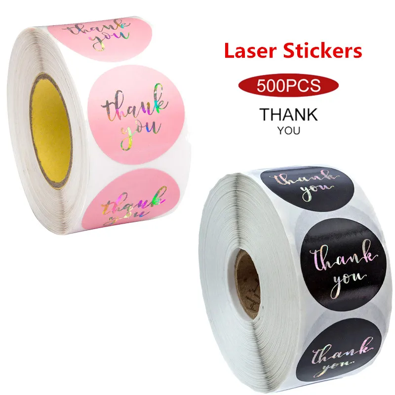 

Novel Laser Pink Black Colorful Thank You Stickers 500pcs 1'' Baking Handmade Decoration Holiday Birthday Party Sealing Labels