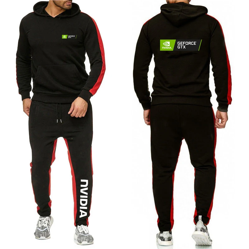 2025 Spring Autumn Men NVIDIA Logo Print Popular Solid Color Sports Suit Fashion Hooded Hoodies+Drawstring Sweatpants Cotton Set