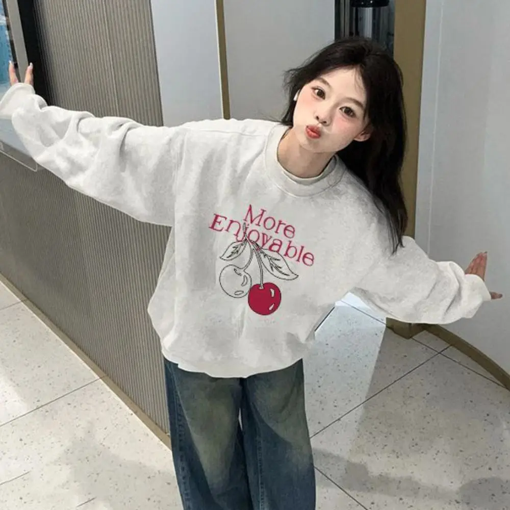 Bedrukte fleece top met lange mouwen losse zoete kers herfst hoodie top meisjeskleding Koreaanse ins sweatshirts voor dames streetwear