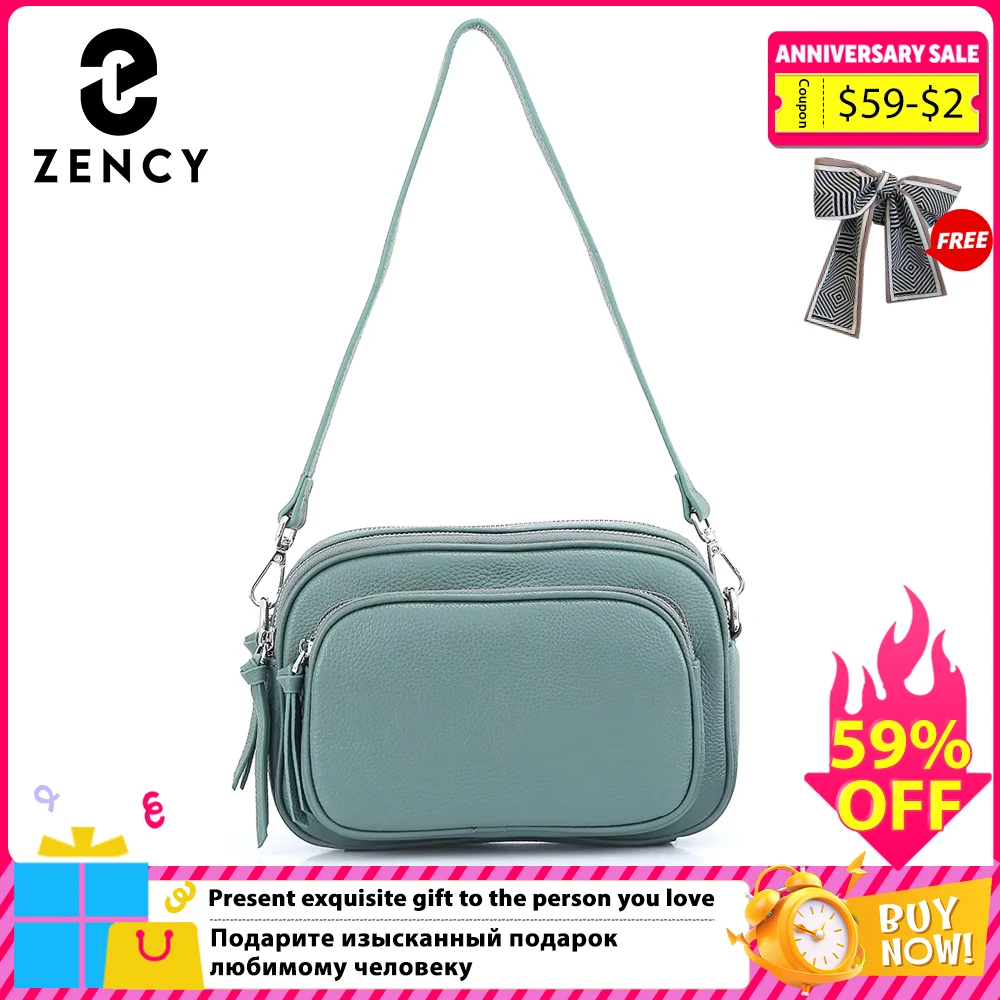 

Zency Casual Designer Women Shoulder Bag Top Layer Cowhide Leather Handbag More pockets Large Capacity Female Crossbody Bag Blue