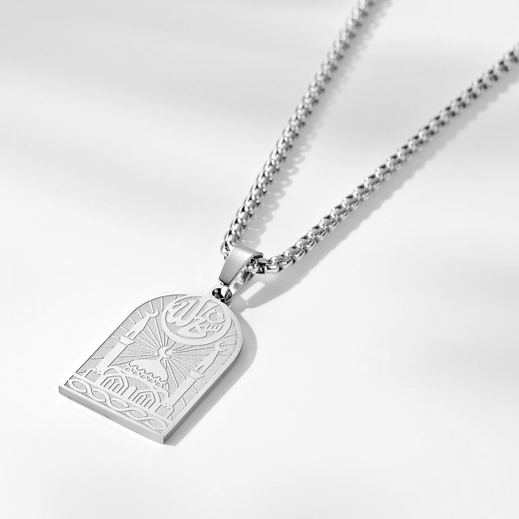 Kinitial Stainless Steel Mosque Muslim Pendant Necklace For Women Men Islamic Religious Jewelry Arabic Islam Vintage Necklace view 6