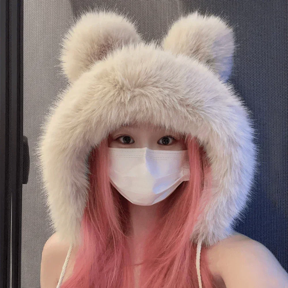 Women Cute Bear Ear Kawaii Fox Fur Hat Imitation Mink Plush Winter Warm Thickened Japanese Bomber Hat Ear Protection Cosplay Cap