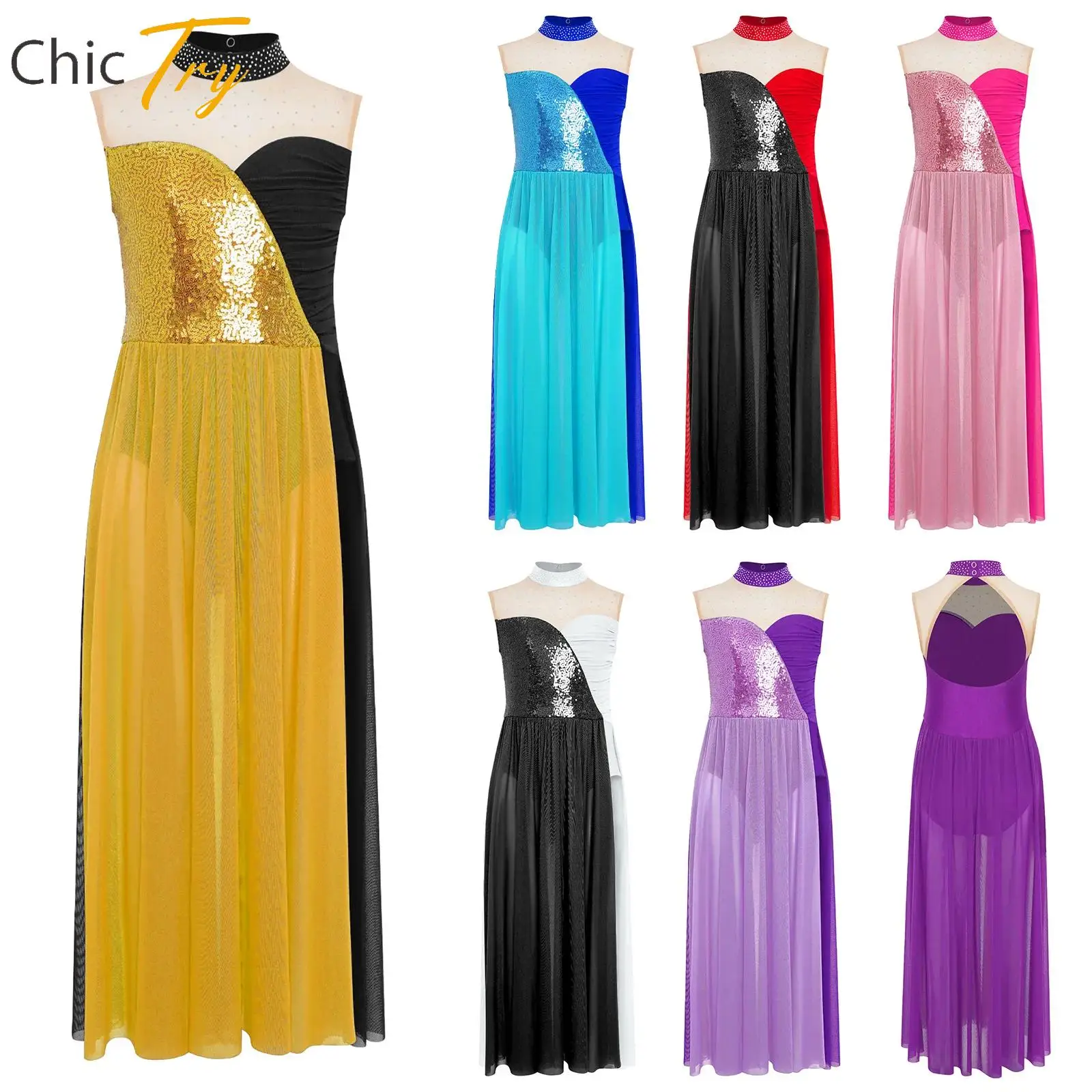 

Kids Girls Contemporary Lyrical Dance Dresses Sleeveless Sparkly Sequins Mesh Dress Children Figure Skating Costume Dancewear