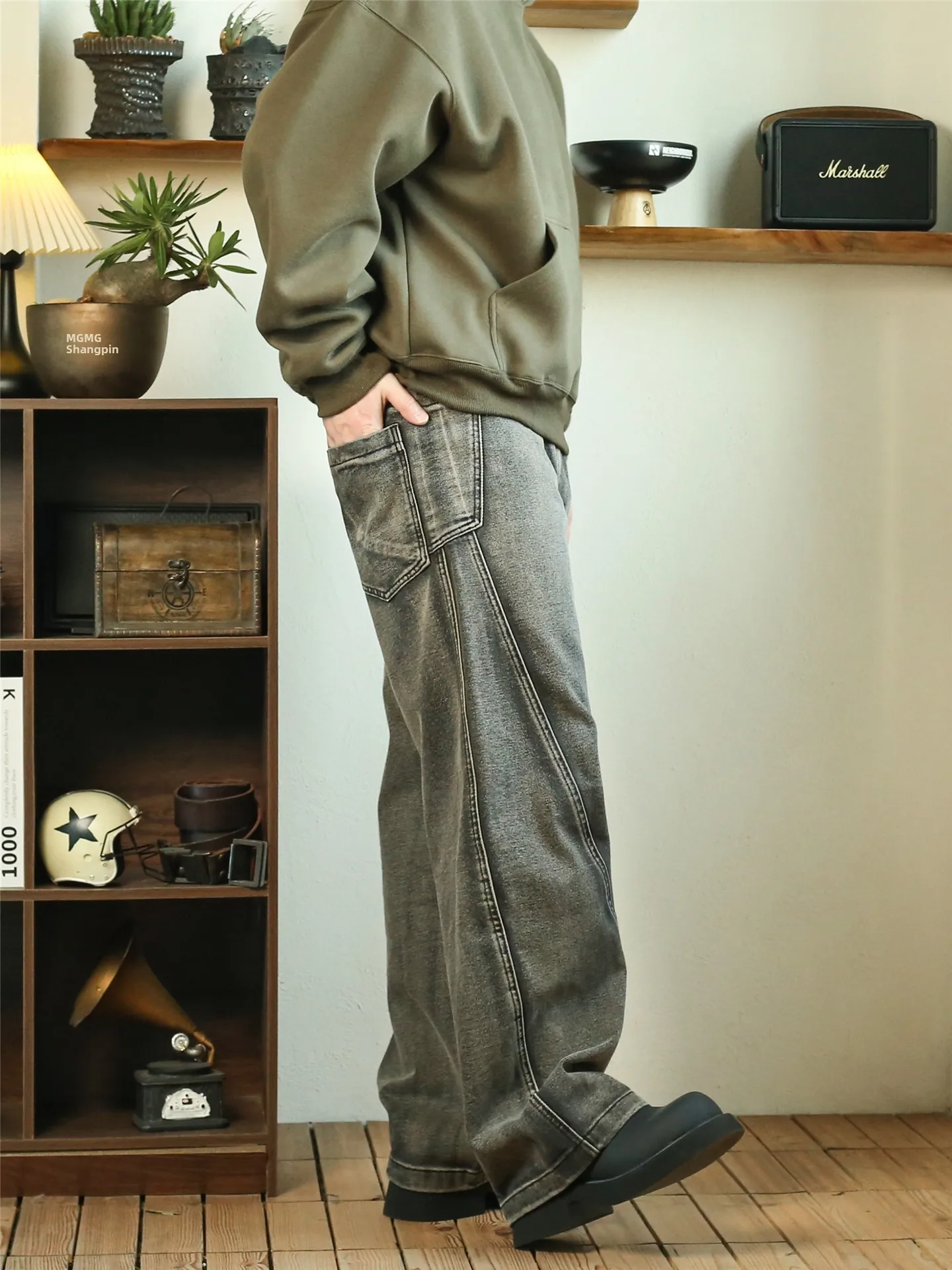 

Thiened American Sle Bla Jeans High Waist Wide Leg Straight Cut Men's Trendy Knife Pants Autumn Winter Cotton Denim