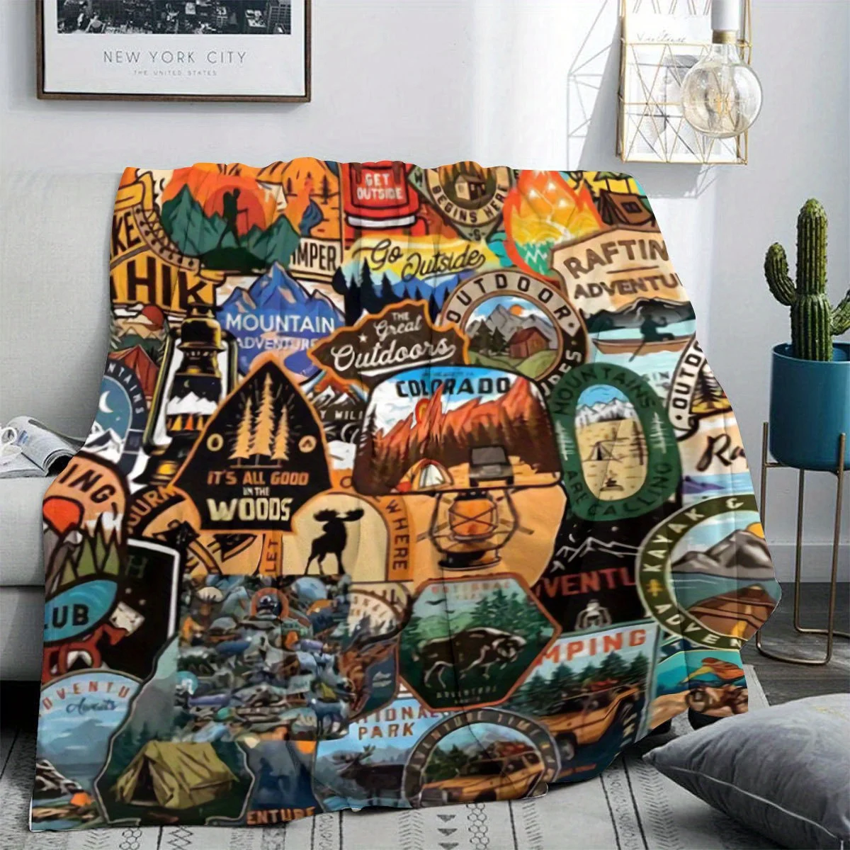 Vintage Outdoor Badge Collage Full Print Fluffy Throw Blanket, Warm Soft Blanket For Couch Bed, Outdoor Home Decor Present