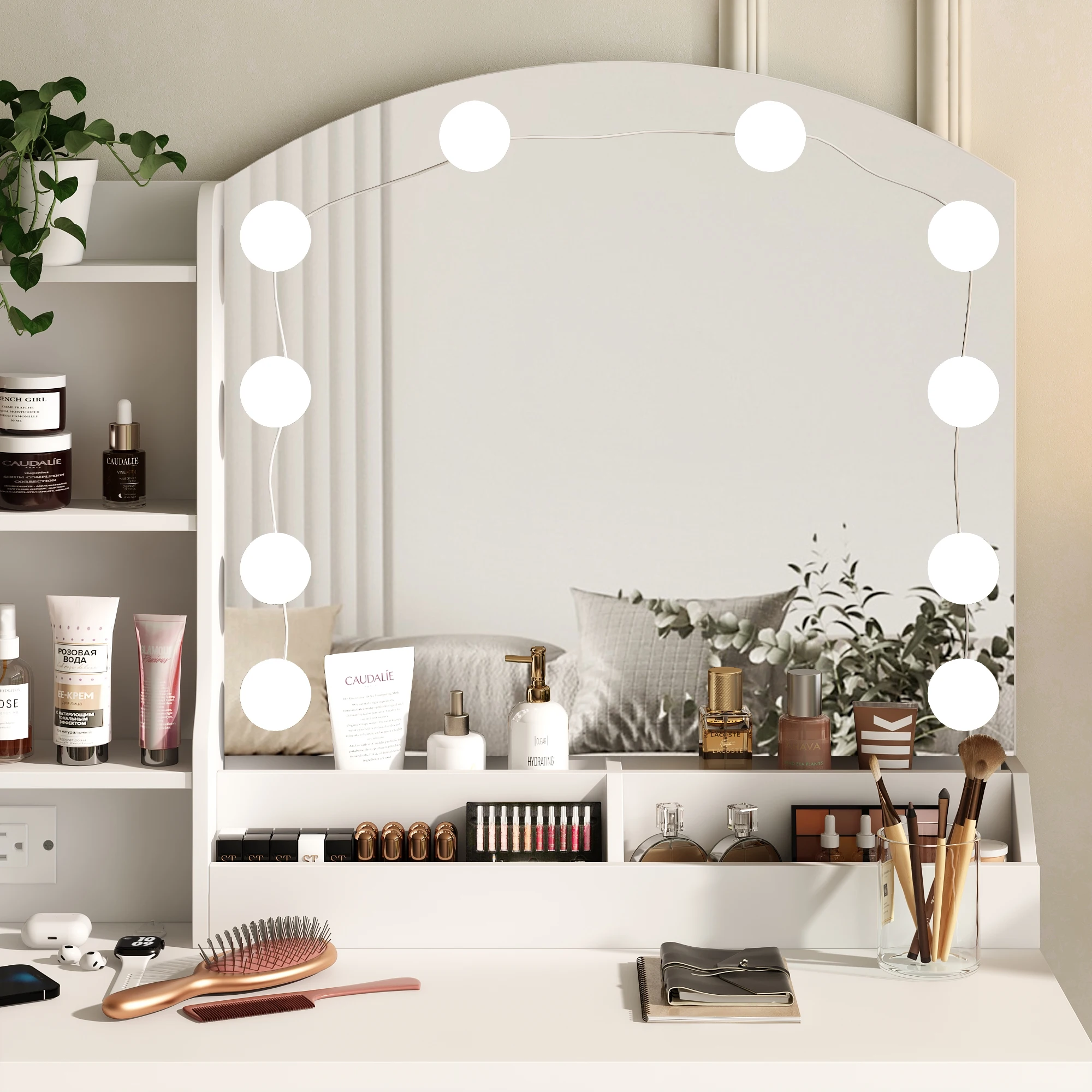 Vabches Tocador con espejo y luces para maquillaje, escritorio con estación de carga y 4 cajones de almacenamiento, juego de tocador blanco para dormitorio