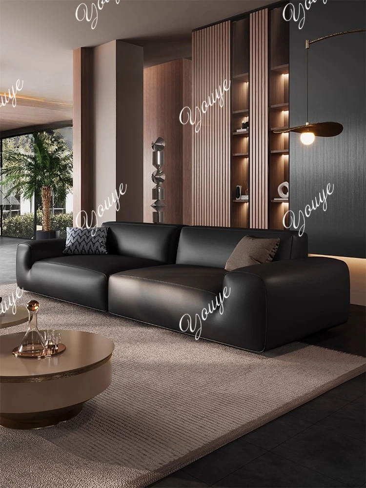 

Modern big black cow leather sofa Italian minimalist living room first layer cowhide backrest black straight row sofa