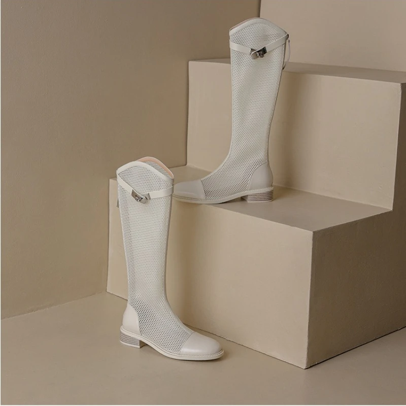 Female Summer Knee-high Mesh High Boots Women Breathable Mesh Knight Boots Thick Heel High Top Motorcycle Boots Botas Mujer image 6