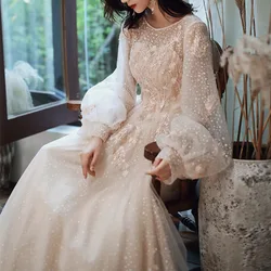 Customized Evening Dresses With Long Sleeve 2024 Elegant O-neck Appliques Spot Tulle Floor-length Dress Woman Party Night