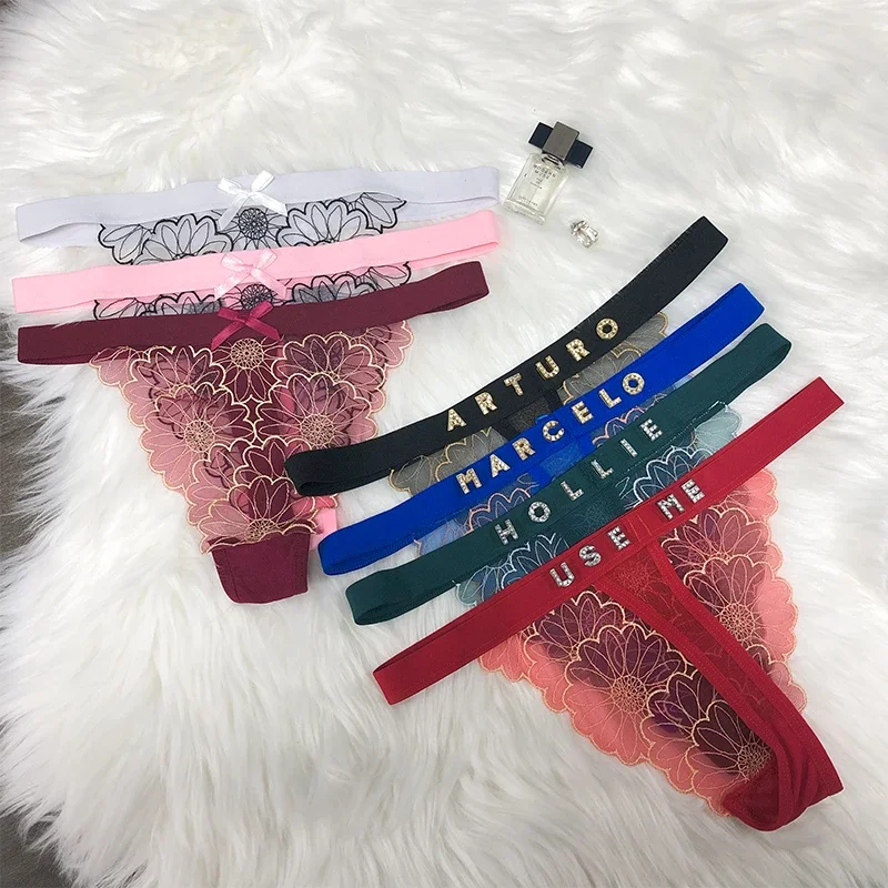 Personalized Thongs Customize Crystal Name Letter Panties Women Sexy  Embroidery Lace Underwear Bikini G-String Lover Gift