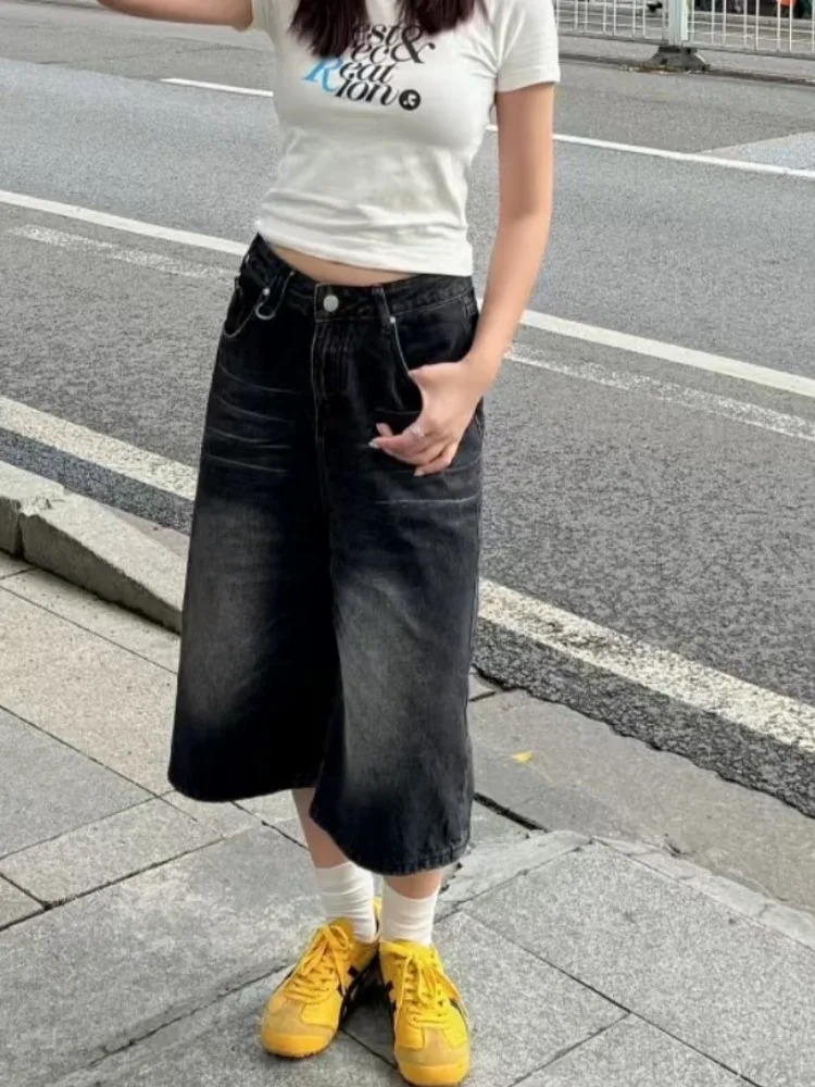 

Women Black Y2k Style Baggy Denim Shorts Wide Leg Short Pants Fashion High Waisted Dark Wash Knee Length Jeans Female Casual