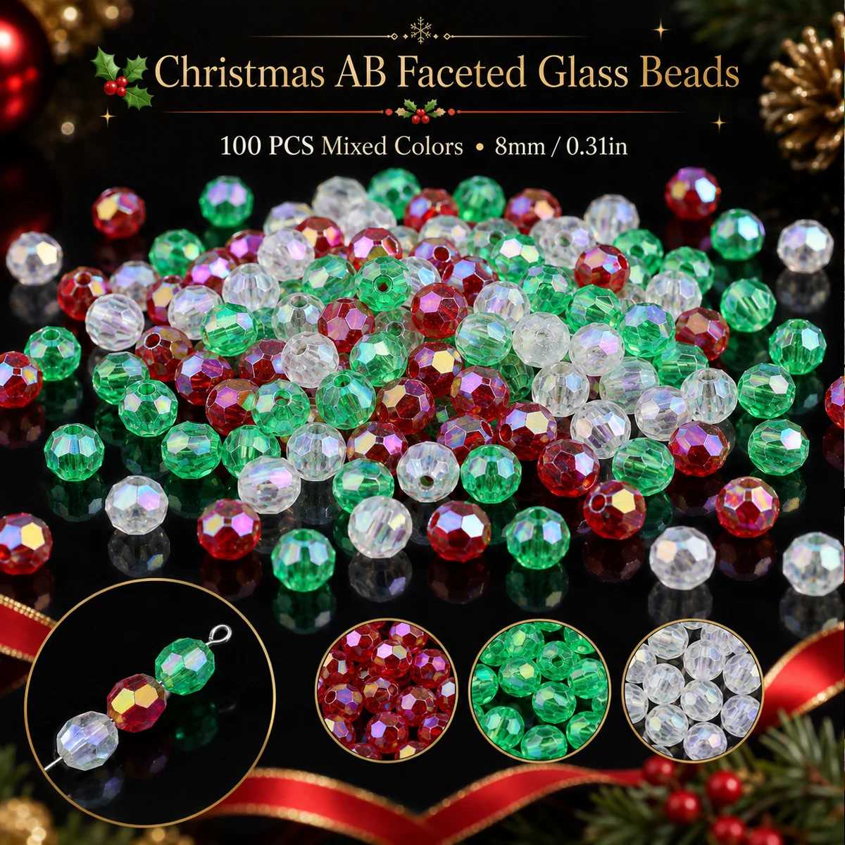 8mm 100-300Pcs Acrylic Round Faceted Christmas Beads for Making DIY Bracelets Necklaces Keychains Various Jewelry Accessories