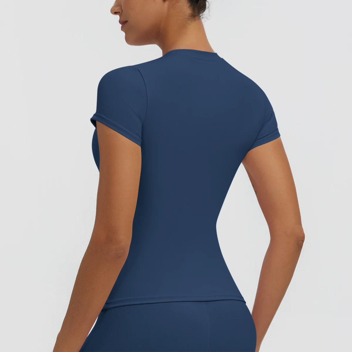 Hochelastisches, schnelltrocknendes, einfarbiges Yoga-Kurzarm-T-Shirt für Damen, Workout-Oberteil, schmal geschnittenes, lässiges Sport-, Lauf-, Fitness- und Yoga-T-Shirt. – Detail 8