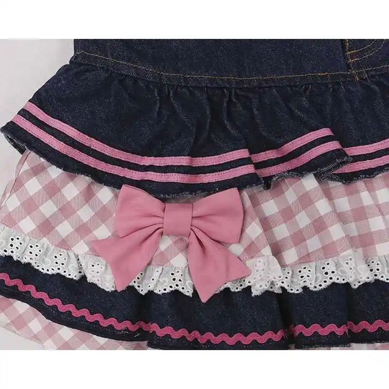 

Pink Plaid Patchwork Bow Denim Skirt Street Sle mid Waist A-Line Skirt with Inner Stand Fit Spring Summer
