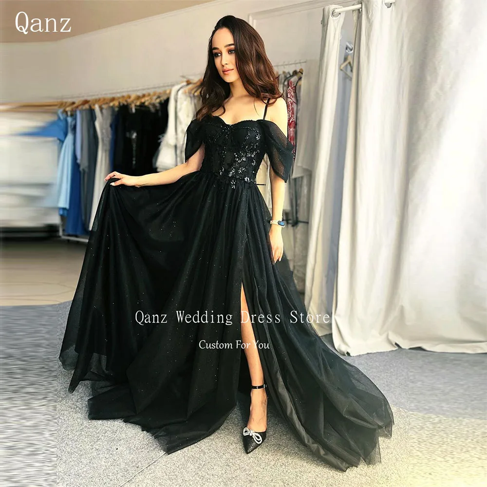 

Qanz Black Sparkly Long Evening Dresses High Slit Glitter Tulle Robe De Soirée Luxe élégante 2024 Spaghetti Straps Party Gown