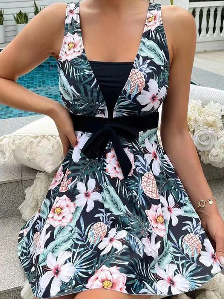 Two Piece Swimsuit Women 2024 New Print Sling Bikinis Set Sexy High Waist Swimwear Long Dress Summer Beach Bathing Suit Female