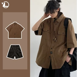 Japanese Summer Men Set Fashion Hooded Short Sleeved Shirt+Quick Drying Pockets Tooling Shorts 2-pcs Set Y2k Harajuku Trend Suit