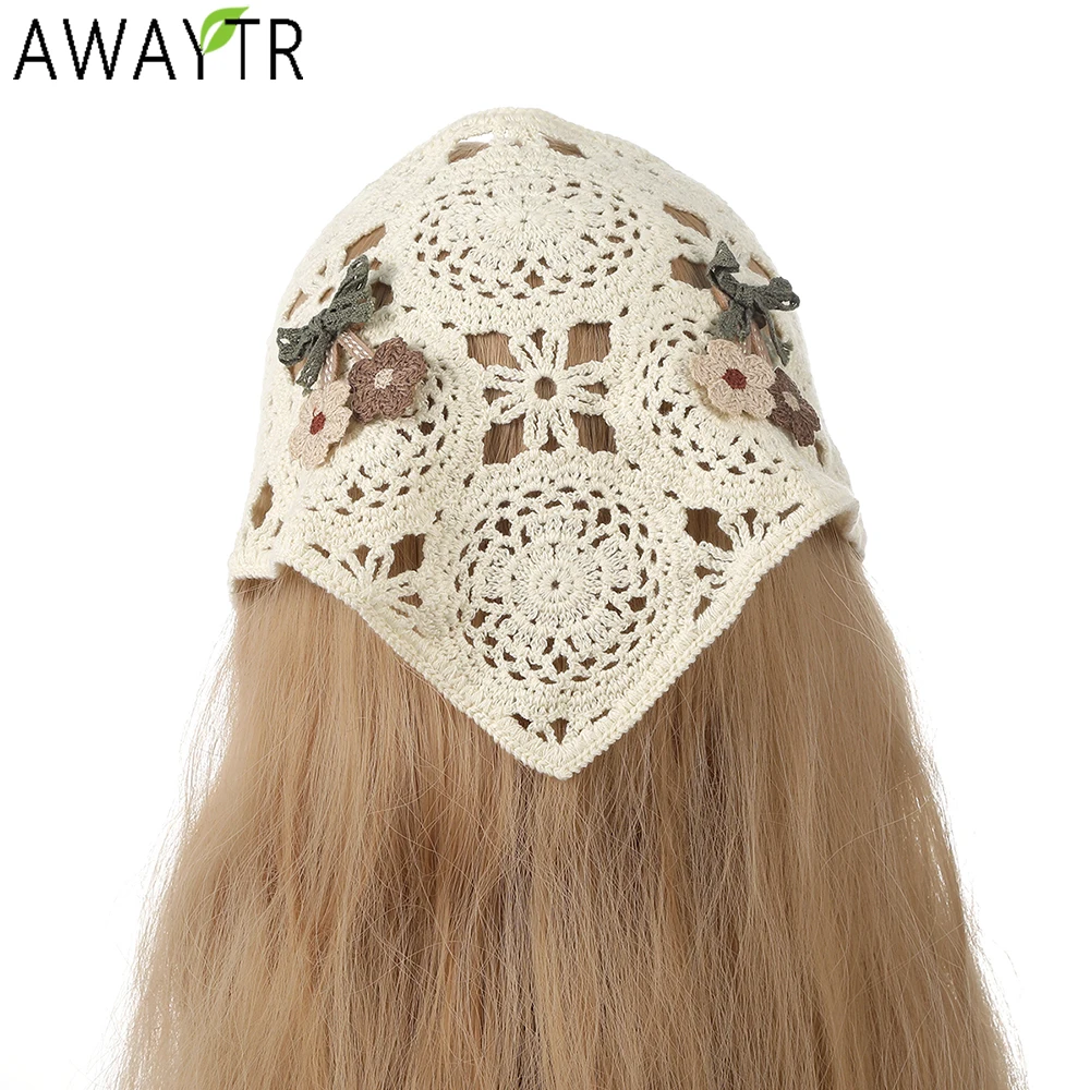 AWAYTR Knitted Hollow Flower Headband Hair Scarf Bands for Women Party Headwear Spring Print Bandana Turban Hairband Headpiece