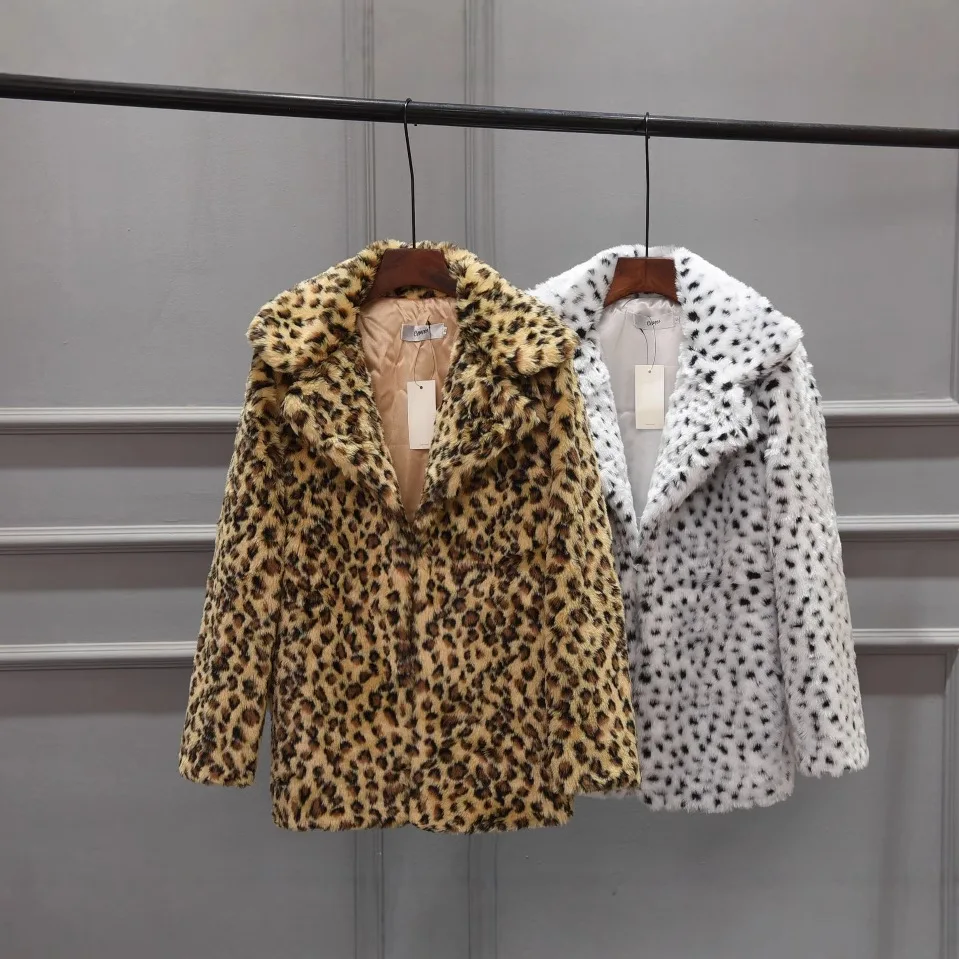 New Faux Fur Korean Mid-Long Notch Lapel Sexy Snow White Leopard Faux Fur Coat