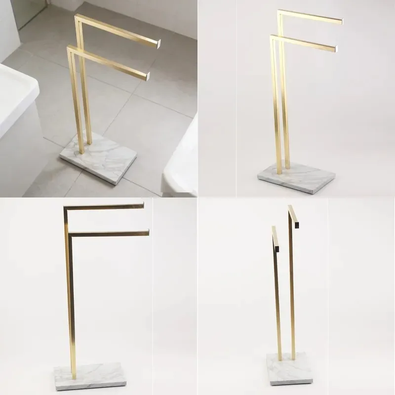 Stainless Steel Gold Painted Towel Rack with 2 Poles Marble Printed Base Freestanding Bathroom Organizer