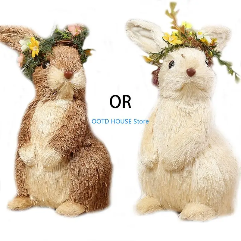 

103A Straw Easter Rabbit Figurines Handmade Woven Bunny Desktop Ornaments