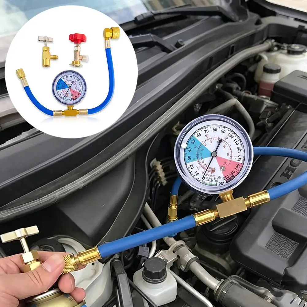 R134A Kfz-Klimaanlagen-Kältemittel-Füllset inklusive Schläuchen mit Druckmessgeräten und zwei Kupferventilöffnern