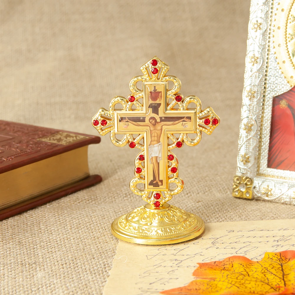 Byzantine Orthodox Standing Crucifix Gold Red Rhinestone Cross Altar Church Home Decor Jesus Icon Religious Christian Gift view 4