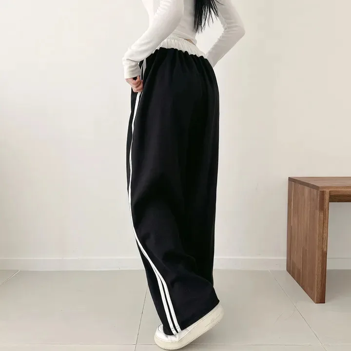 Daily Home Sweatpants Lady High Street Trousers Women Black Striped High Waisted Leisure Female Chic Concise Wide Leg Pants 2025