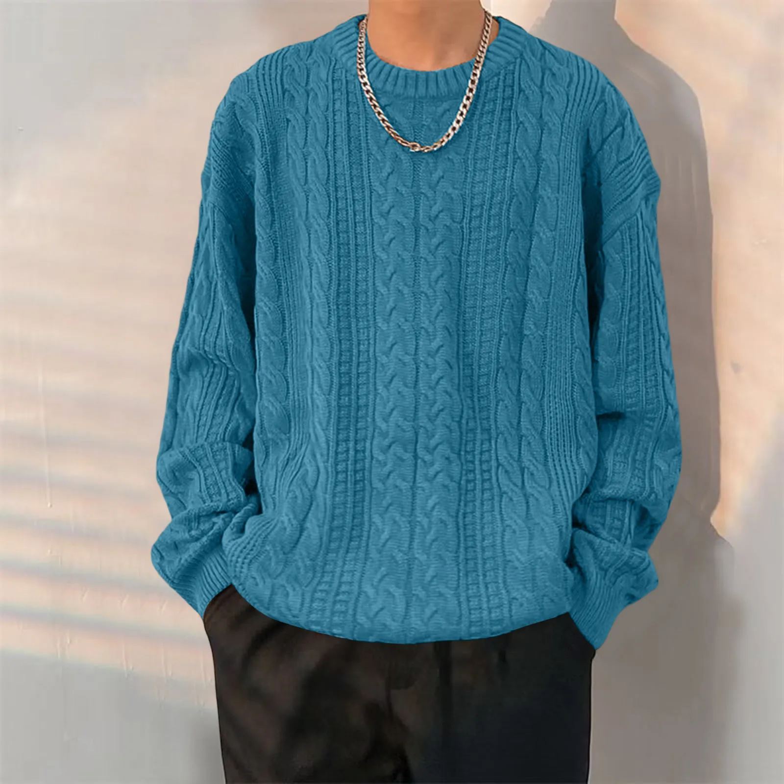 

Men's Autumn Loose Fitting Trend Casual Sweater Long Sleeve Round Neck Solid Color College Style Knit Jacket Fashion Pullover