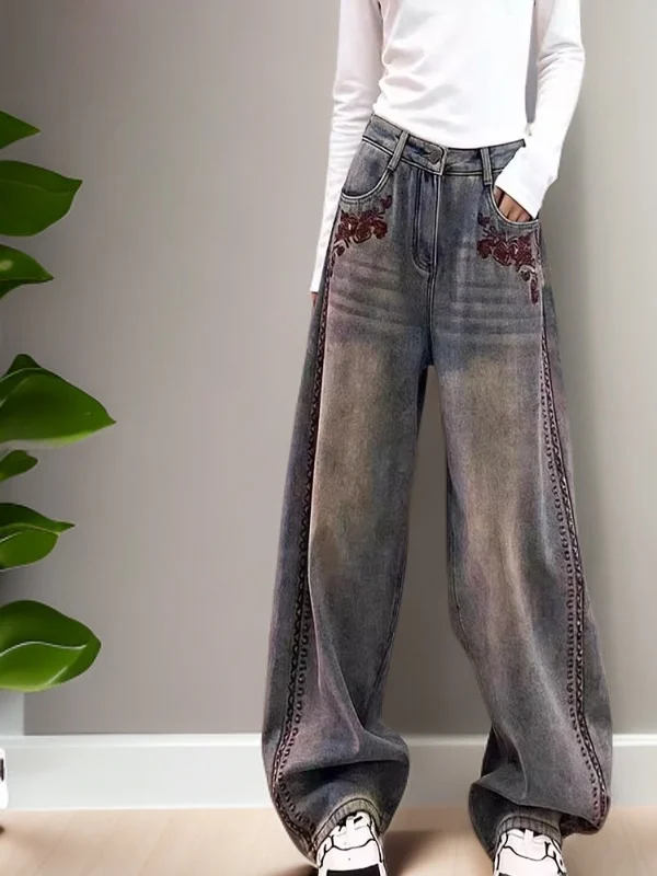 

Ele Embroidered High Waist Wide Leg Jeans Women's Spring Loose Fit Slimming Waed Long Trousers Street Sle Casual Jeans