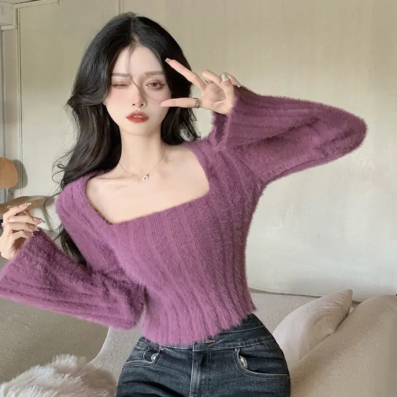 

Square neck sweater for women in winter stylish short style base sweater niche chic retro chic knit sweater trend