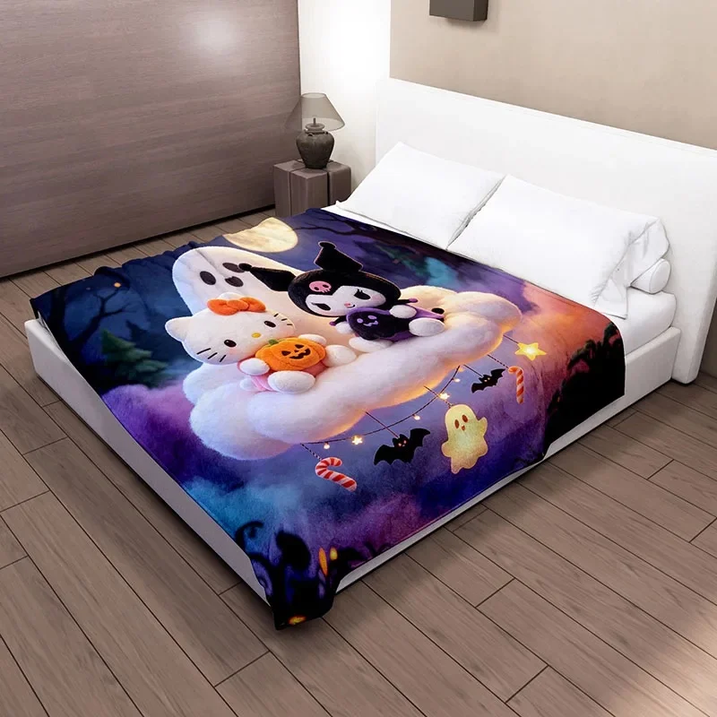 Cute Hello Kitty Kuromi Flannel Blanket, Night Sky Cloud Halloween Ghost Bat Candy Cane Print, Lightweight Throw For Bedroom