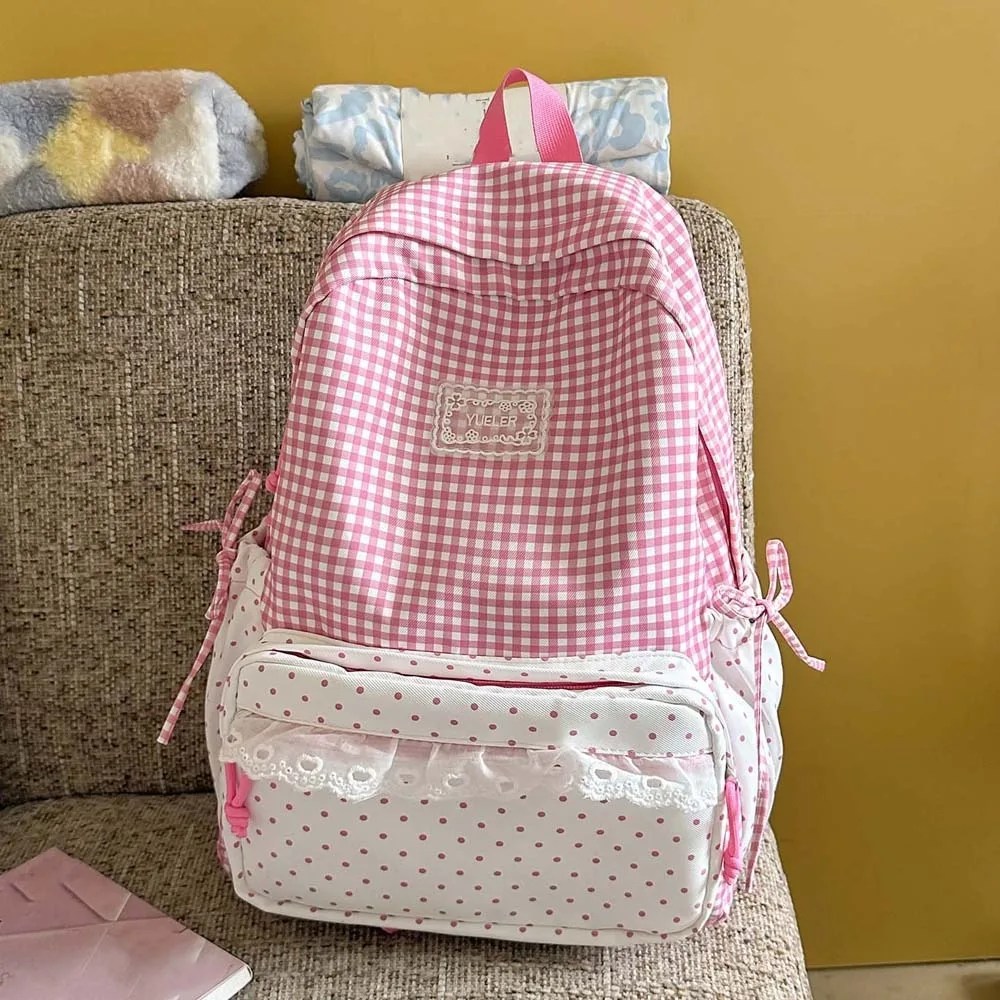 Korean Style Plaid Backpack Ruffle Design Lightweight Lace Schoolbag Multi Pockets Pastel Color Gingham Daypack Anime Cosplayers