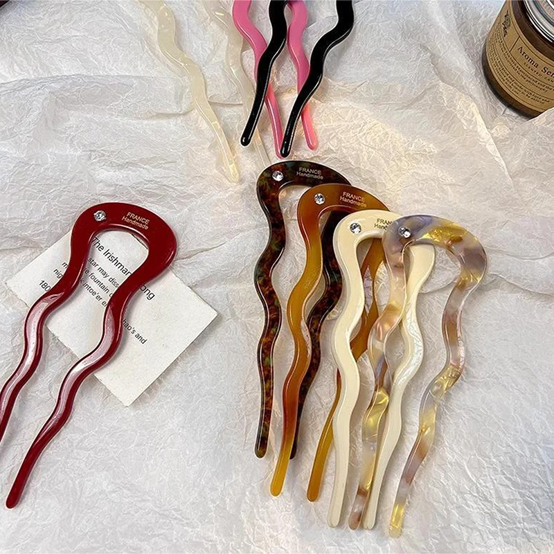 Französische Twist-Haarspange aus Acetat, gewellte U-förmige Haarnadel, Vintage Schildpatt-Optik, Damen-Haarknoten-Pin, Kopfschmuck-Accessoires – Detail 5