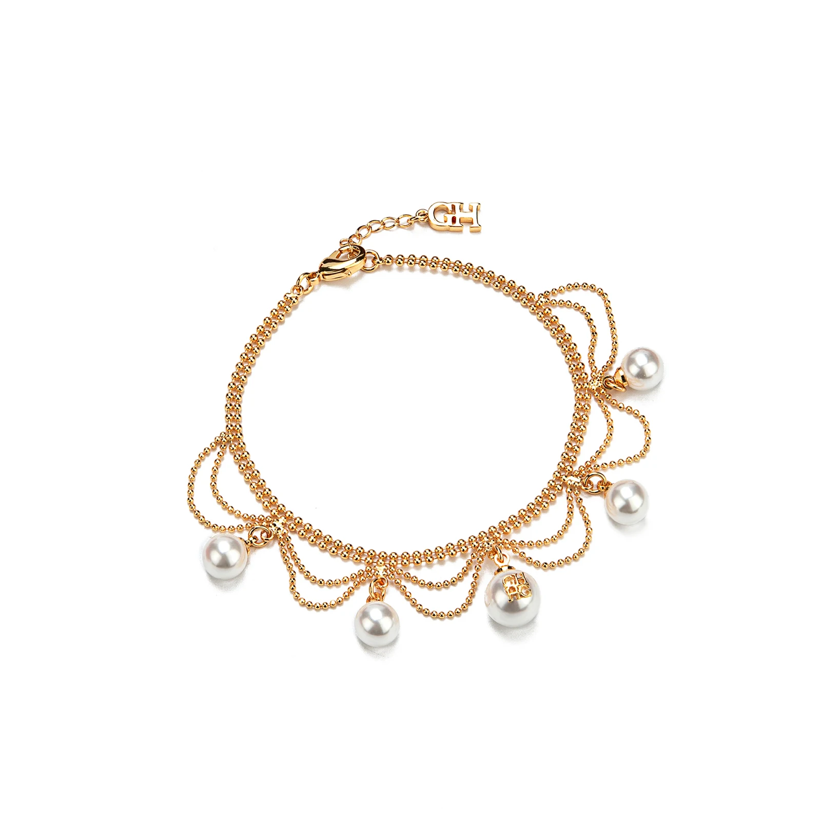 Women Brass Tassel Chain Bracelet With Resin Pearl And Bow Charm Multilayer Adjustable Length Light Luxury Vintage Jewelry Gift