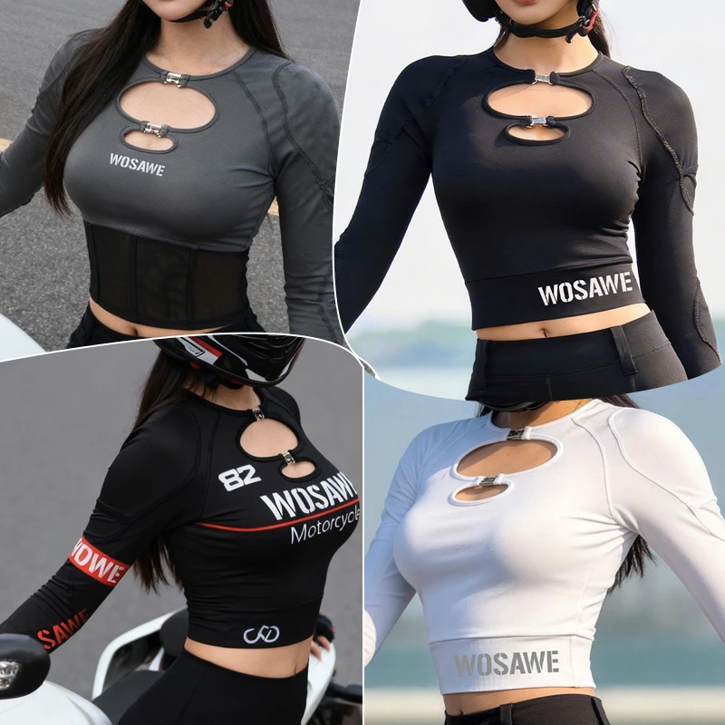 WOSAWE Women Motorcycle Riding Shirt Summer Breathable White Crop Jacket with Removable Shoulder Elbow Pads Moto Gear